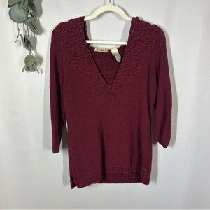 Stamp 10 | Cotton Hooded V Neck Knit Sweater Maroon Stretchy Women’s Size Large